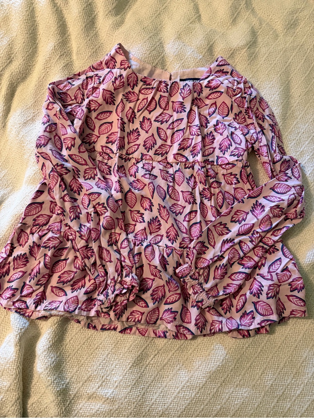 Pink Leaf-Print Long-Sleeve Peplum Top
